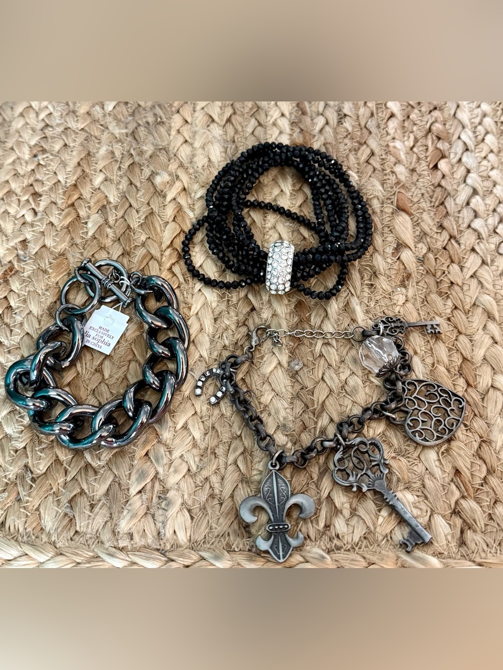 3 Bracelets with Rhinestone Accent, vintage charms and never used lia sophia